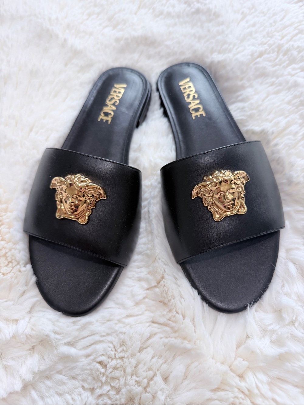 Versace Black Leather Slides with Gold Medusa Emblem NWOT no box
